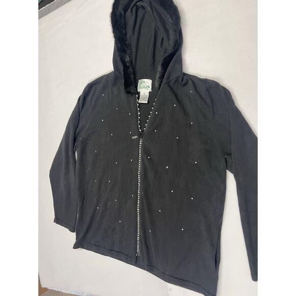 The Quacker Factory Black Velvet Rhinestone Accents Full Zip Sweater Size XL - Picture 1 of 4